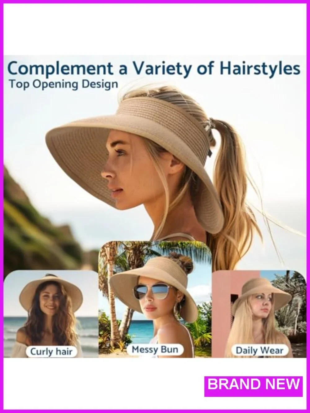 Wide Brim Roll-Up Beach Ponytail Hat Packable Foldable Travel Straw Visor